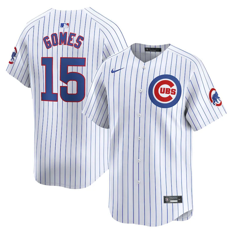 Camisa MLB Chicago Cubs Nike Home Torcedor Masculina Listrada Branca Yan Gomes 15