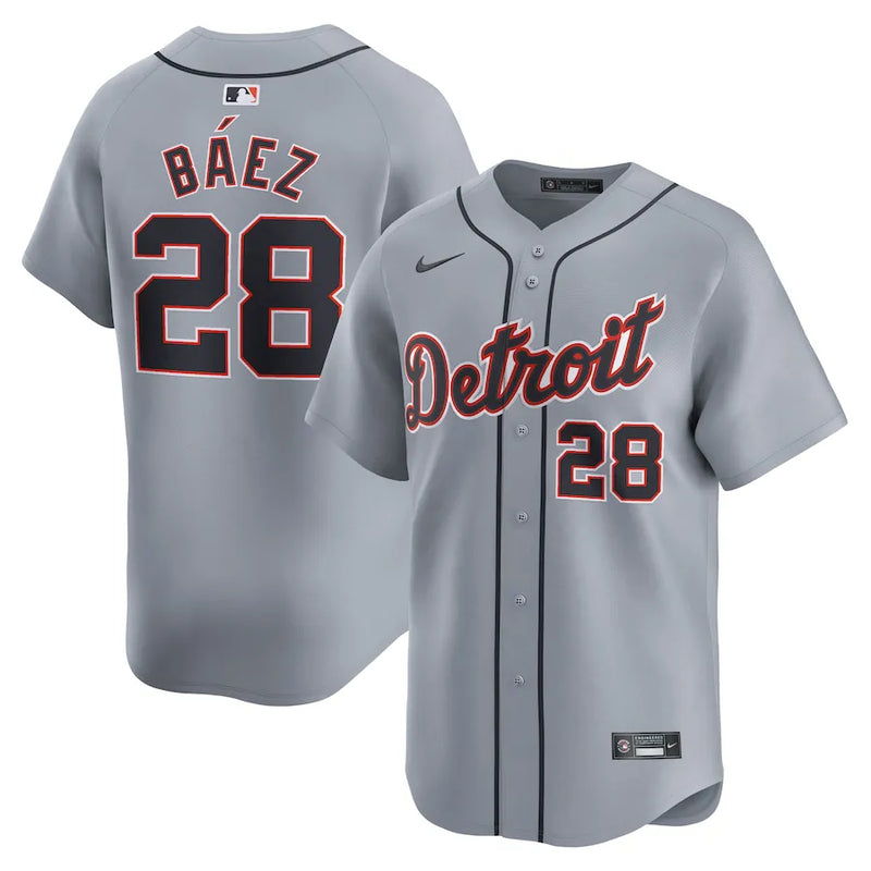 Camisa MLB Detroit Tigers Gray Nike Javier Baez 28 Road Limited Torcedor Masculina Cinza