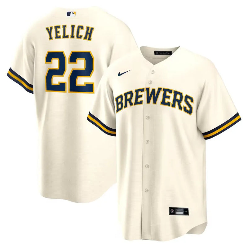 Camisa MLB Milwaukee Brewers Nike Home Torcedor Masculina Bege Christian Yelich 22
