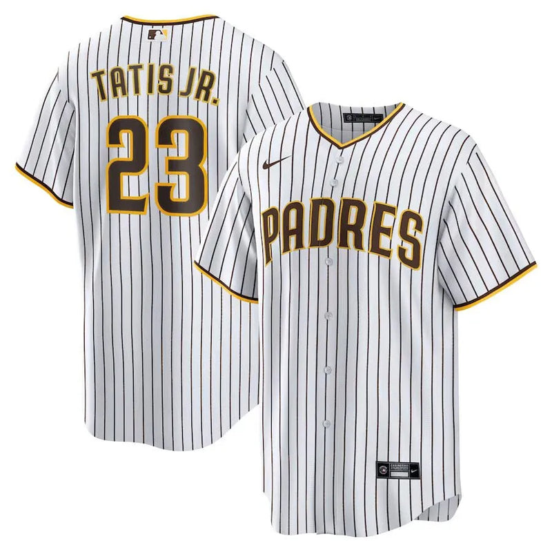 Camisa MLB San Diego Padres Nike Home Torcedor Masculina Listrada Listrada Branca Tatis Jr. 23